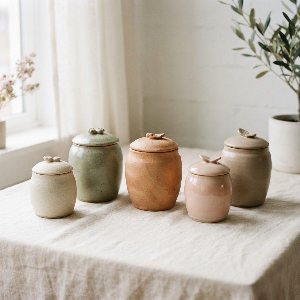 A calm arrangement of handmade ceramic pet memorial urns in soft, natural glazes on a warm neutral surface.