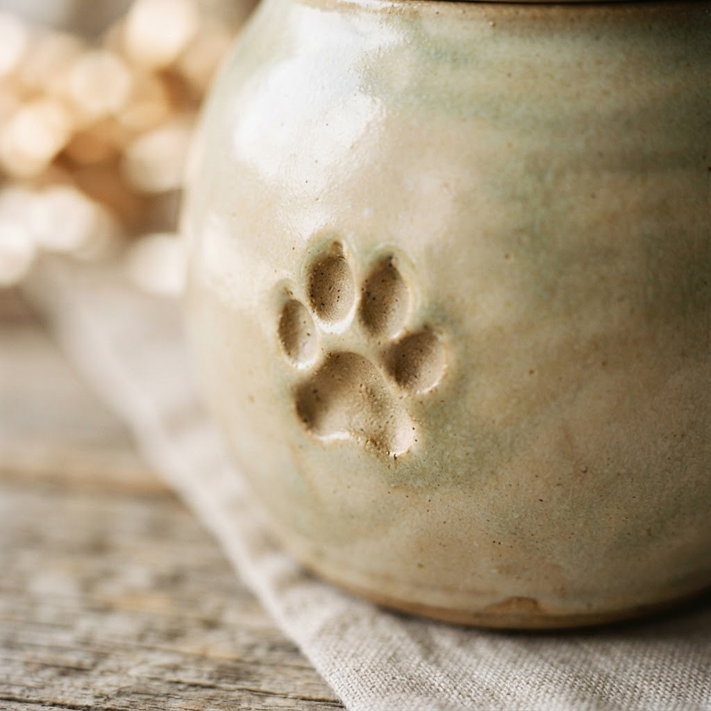 A close-up of a ceramic urn with a delicate paw-print pressed into its glazed surface.