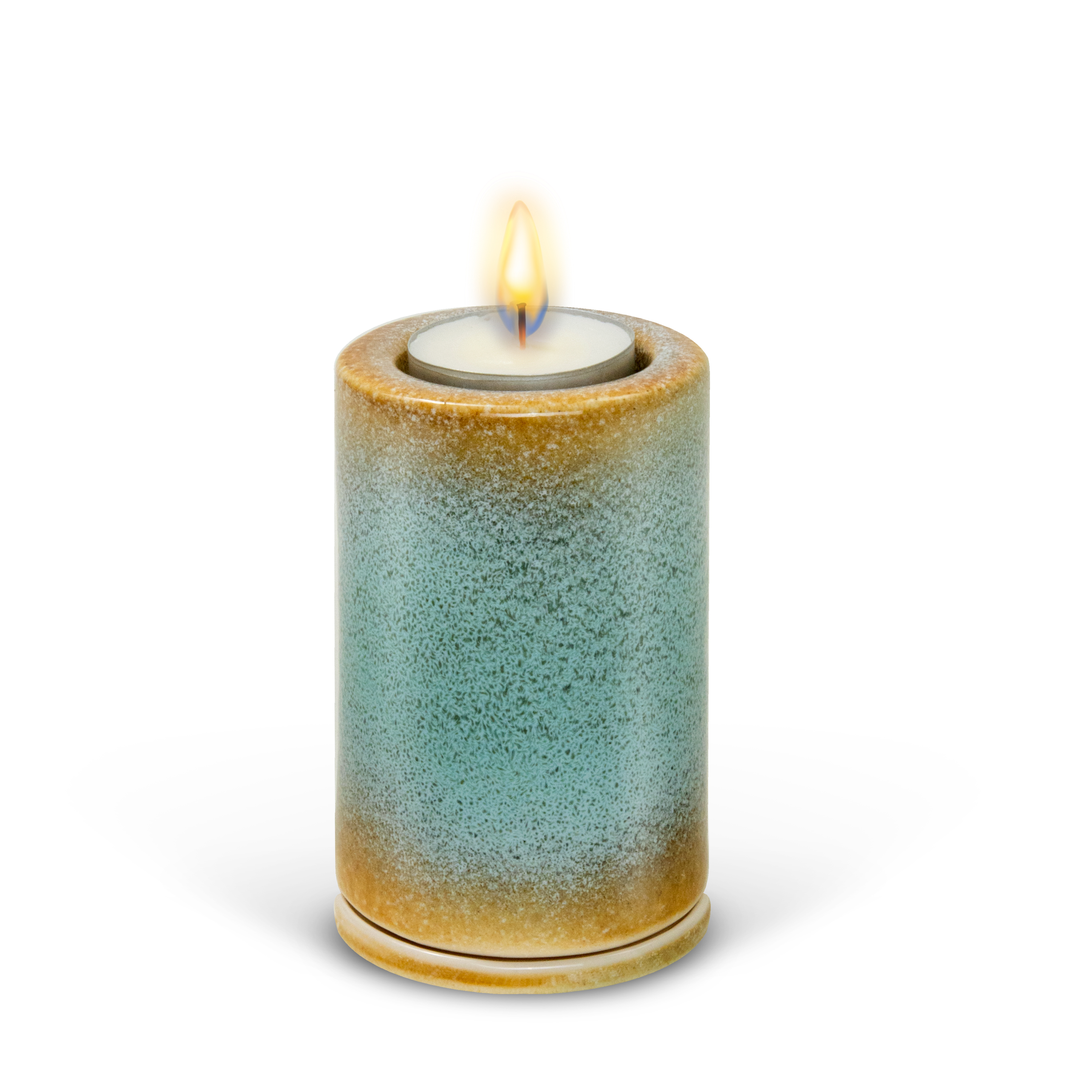 Tealight Combo Urn shown with a lit candle, green and amber glaze.