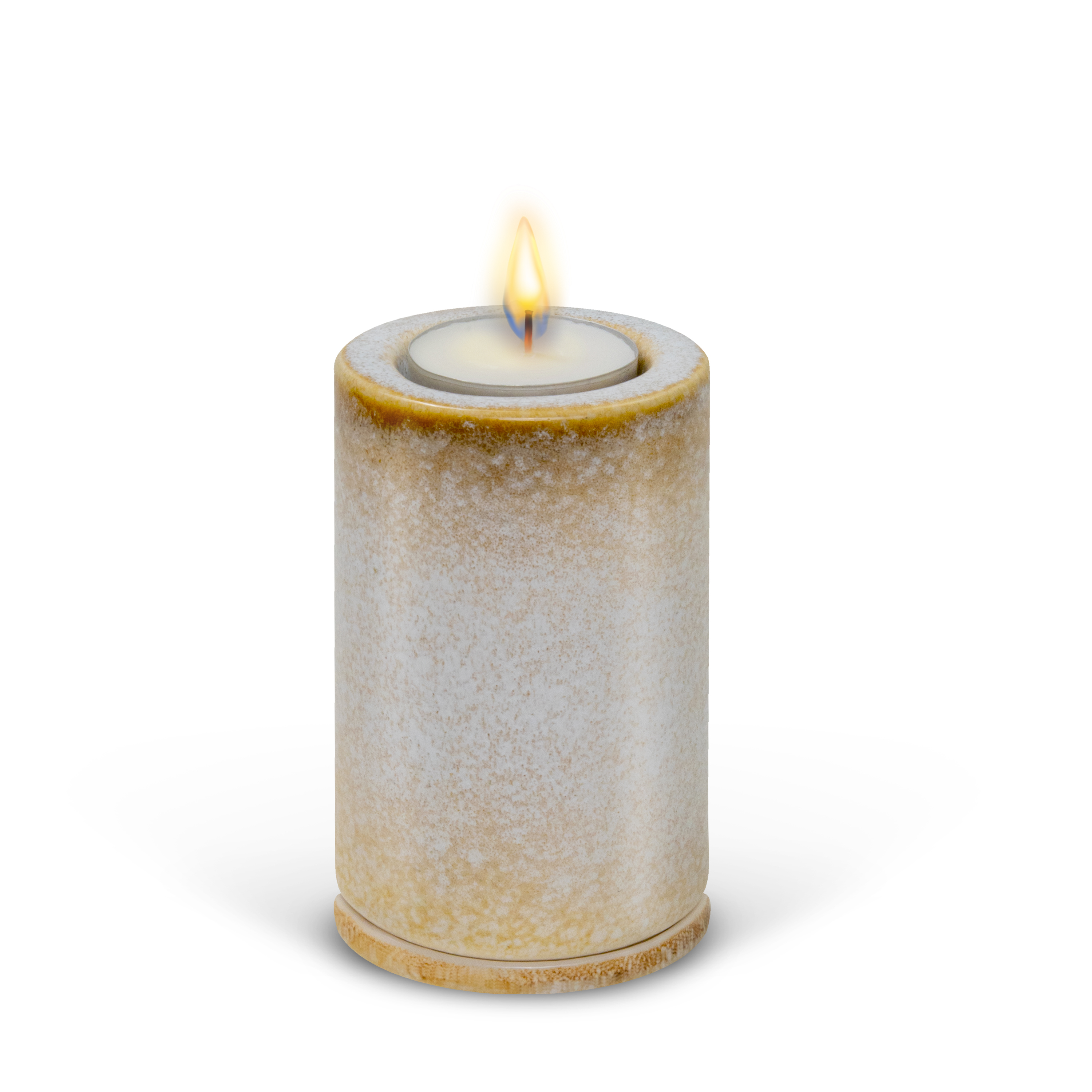 Tealight Combo Urn shown with a lit candle, cream glaze.
