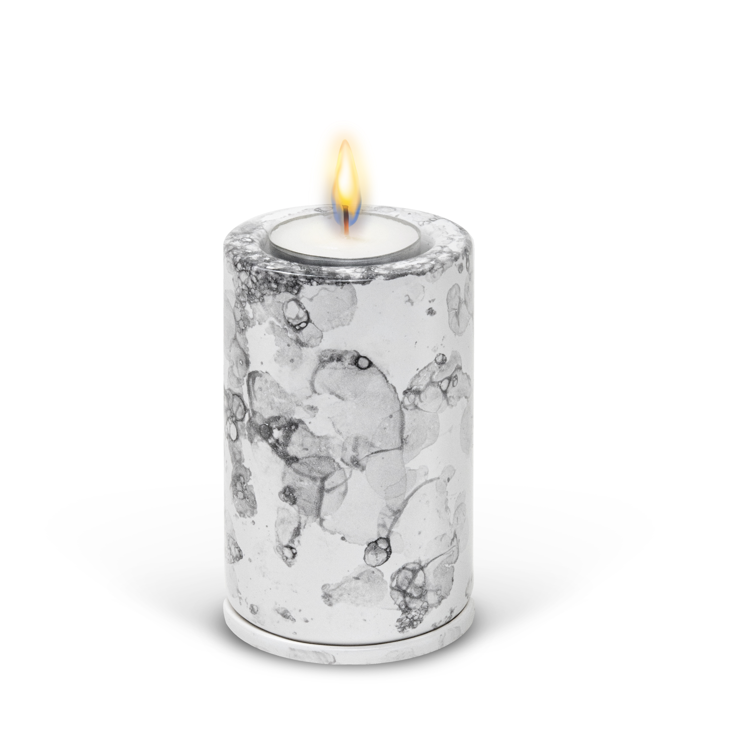 Tealight Combo Urn shown with a lit candle, grey marble glaze.