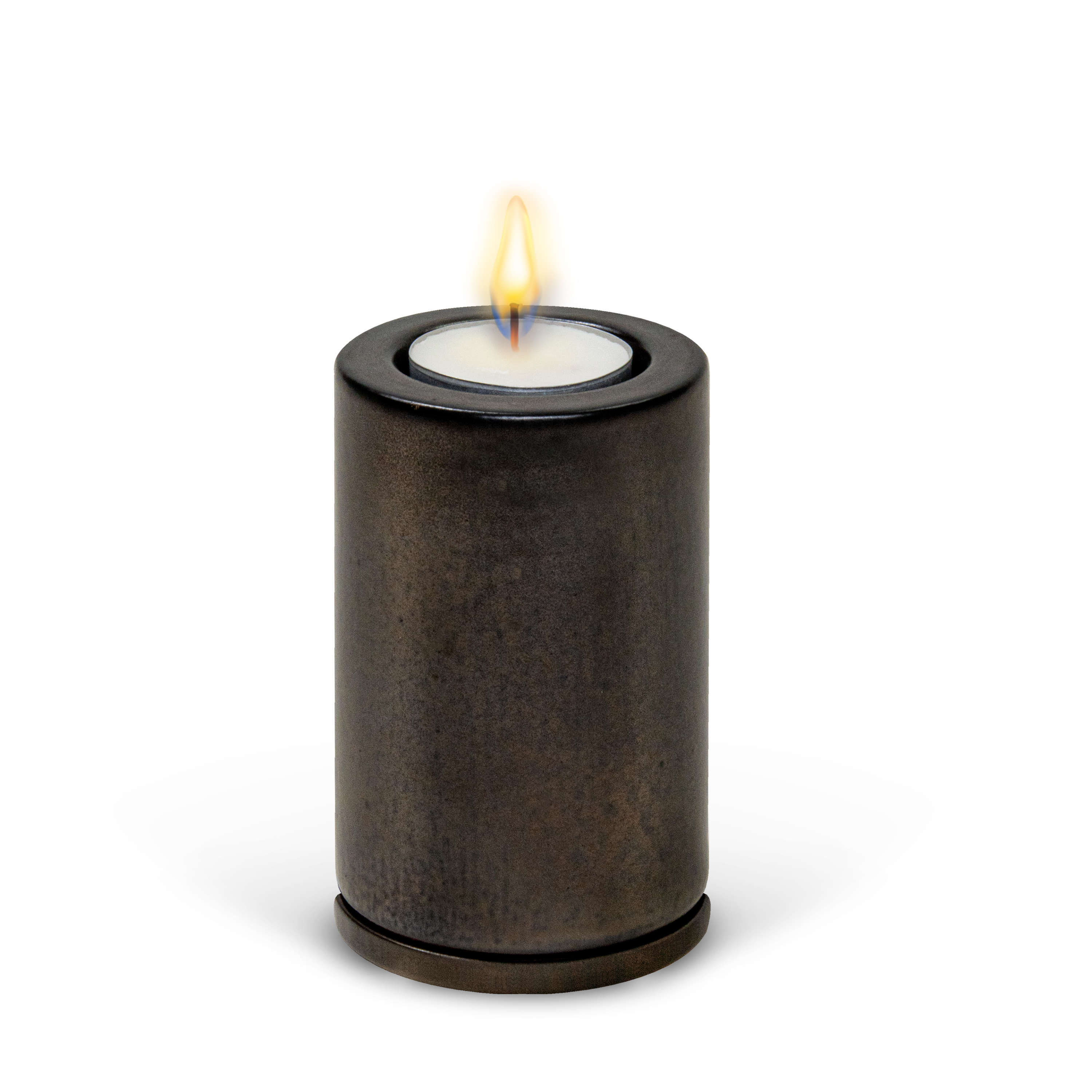 Tealight Combo Urn shown with a lit candle, graphite glaze.