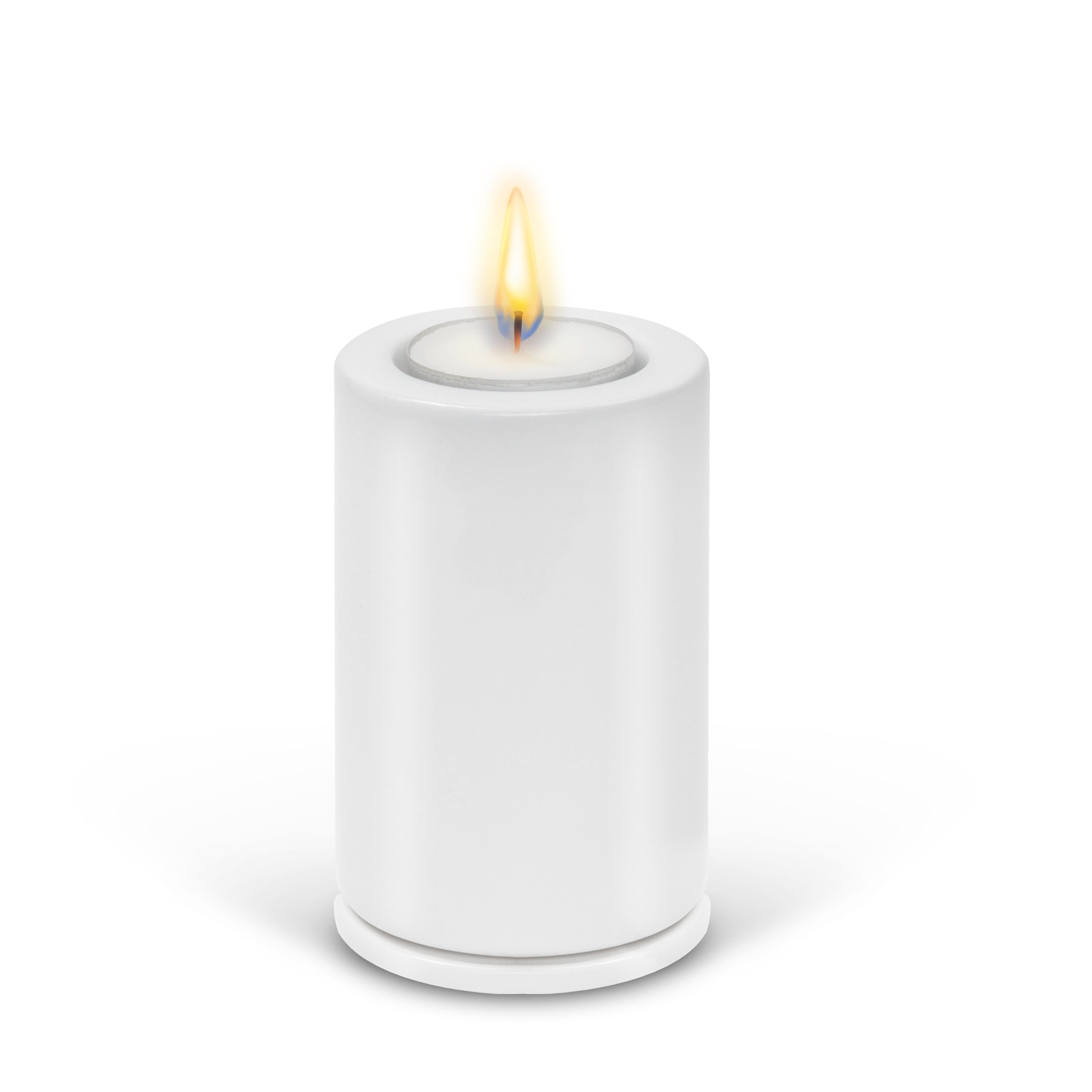 Tealight Combo Urn shown with a lit candle, glossy white glaze.