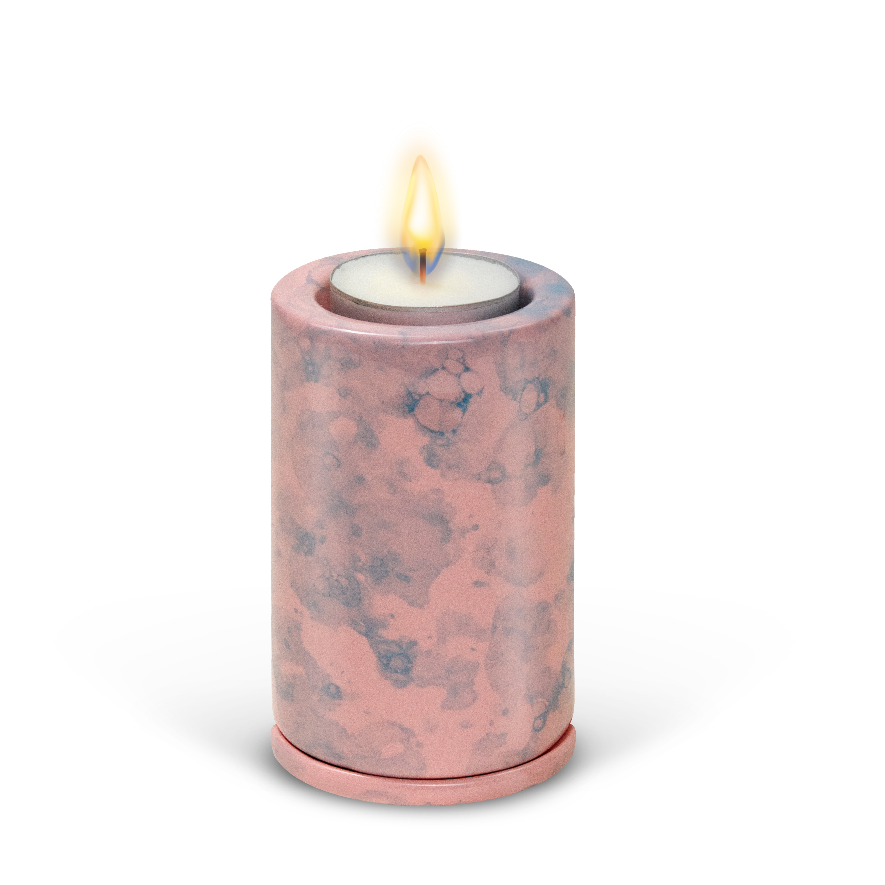 Tealight Combo Urn shown with a lit candle, blush marble glaze.