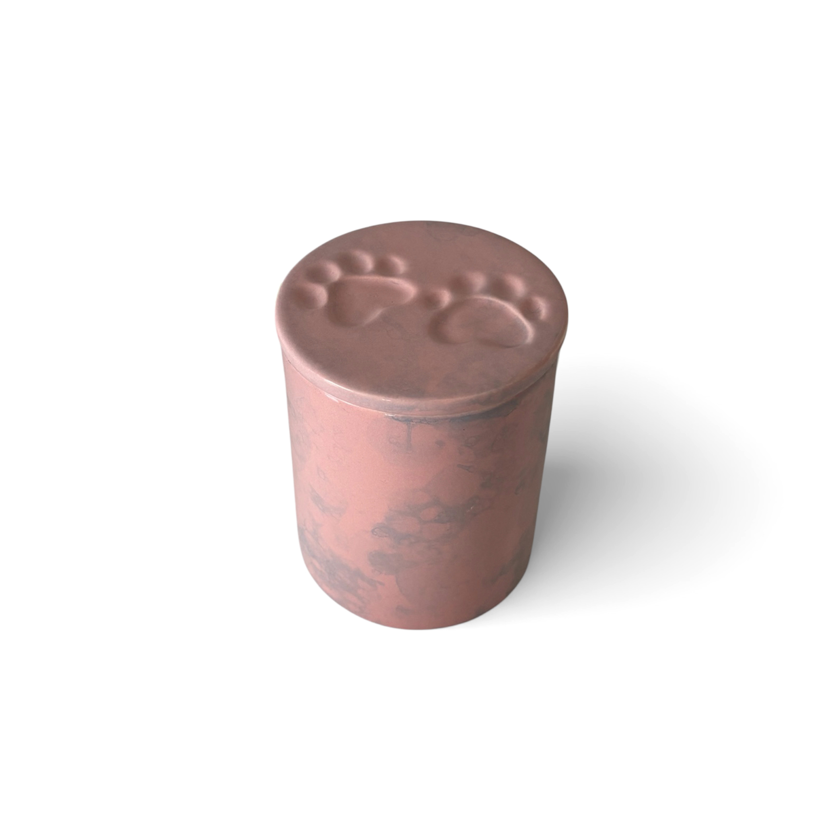 Rounded ceramic pet urn with a twin paw-print relief on the lid, blush marble glaze, 500 ml.